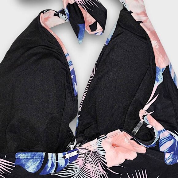 DKNY Womens Swimsuit Sz XXL Floral Navy Halter Tie High Cut Legs Ruched Tummy NW - Picture 4 of 8